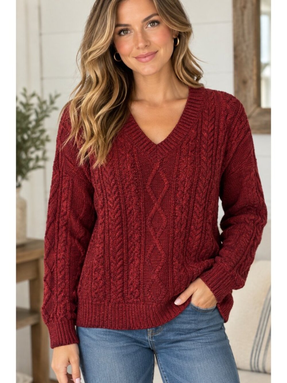 Faded Glory Womens Red Cable Knit Metallic V-Neck Sweater Size M